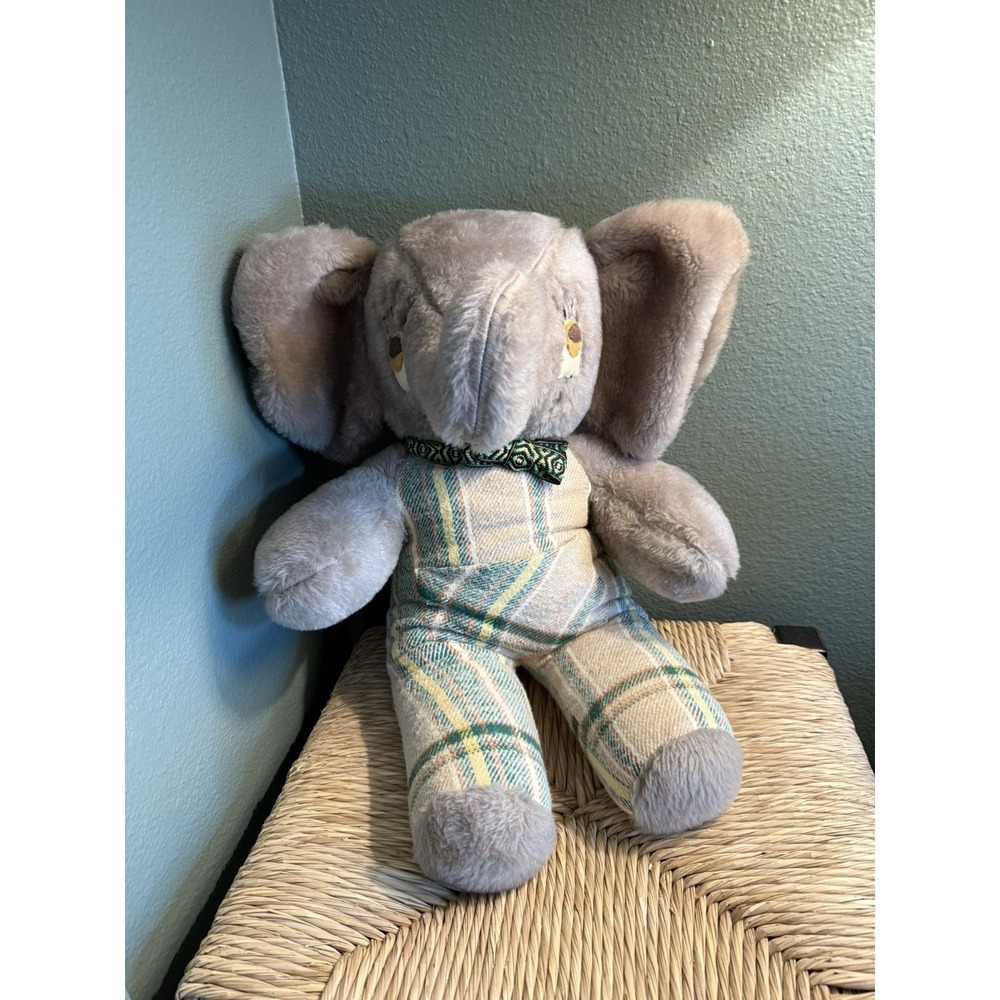 Vintage Handmade Elephant Plush 22" Terry Cloth & Plaid Stuffed Toy 70s